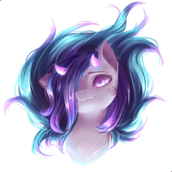 Size: 1024x1024 | Tagged: safe, artist:zukiq314, derpibooru import, oc, unofficial characters only, demon pony, pony, bust, hair over one eye, horns, looking at you, portrait, simple background, solo, transparent background