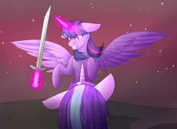 Size: 1108x812 | Tagged: safe, artist:shizzarchan, derpibooru import, starlight glimmer, twilight sparkle, twilight sparkle (alicorn), alicorn, pony, unicorn, chest fluff, colored pupils, duo, female, fight, floppy ears, flying, levitation, magic, mare, stars, sword, telekinesis, weapon