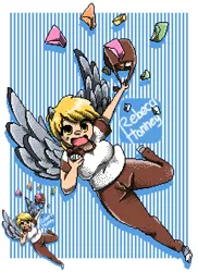 Size: 648x888 | Tagged: safe, artist:rebeca-honney, derpibooru import, derpy hooves, human, converse, female, food, humanized, image, mailbag, muffin, pixel art, png, running, shoes, solo, winged humanization, wings