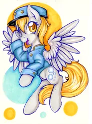 Size: 600x811 | Tagged: safe, artist:pingwinowa, derpibooru import, derpy hooves, pegasus, pony, clothes, female, flying, mailmare, mare, marker drawing, salute, solo, traditional art