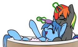 Size: 1395x846 | Tagged: safe, artist:shinodage, derpibooru import, edit, oc, oc:krylone, oc:meno, unofficial characters only, pony, bath, bathtub, brush, bubble bath, cute, magic, rainbow hair, simple background, smiling, transparent background