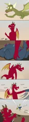Size: 600x2487 | Tagged: artist:queencold, ask, ask caldera, comic, derpibooru import, desert, dragon, dragon oc, father, flying, hammer throwing, male, oc, oc:maximus, safe, teenaged dragon, tumblr, unofficial characters only