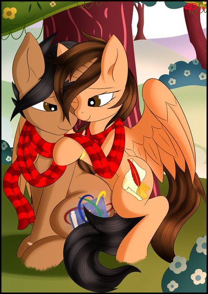 Size: 2894x4093 | Tagged: safe, artist:ze-dusty, derpibooru import, oc, oc:aegis aurora, oc:harmony inkwell, unofficial characters only, pegasus, pony, unicorn, clothes, cute, cutie mark, harmogis, hug, hug from behind, looking at each other, married couple, ring, scarf, shipping, tree, wedding ring