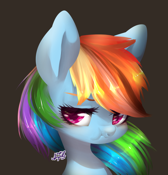 Size: 1200x1251 | Tagged: safe, artist:snow angel, derpibooru import, rainbow dash, pony, black background, bust, female, mare, multicolored hair, portrait, scrunchy face, simple background, solo