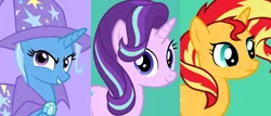 Size: 1288x552 | Tagged: safe, derpibooru import, starlight glimmer, sunset shimmer, trixie, twilight sparkle, pony, unicorn, female, magical quartet, magical quintet, magical trio, mare, vector