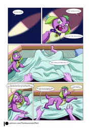 Size: 1000x1394 | Tagged: safe, artist:atariboy2600, artist:bluecarnationstudios, derpibooru import, spike, spike the regular dog, twilight sparkle, dog, comic:the amazonian effect, comic:the amazonian effect ii, equestria girls, alternate universe, blanket, comic, duo, first person view, implied flashlight, implied shipping, implied straight, offscreen character, patreon, patreon logo, pov, spike is not amused, unamused, waking up