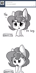 Size: 1650x3300 | Tagged: safe, artist:tjpones, derpibooru import, oc, oc:brownie bun, unofficial characters only, earth pony, pony, horse wife, ask, busy, chocolate, comic, dialogue, ear fluff, eating, food, frosting, grayscale, hoof in mouth, monochrome, simple background, solo, tumblr, white background