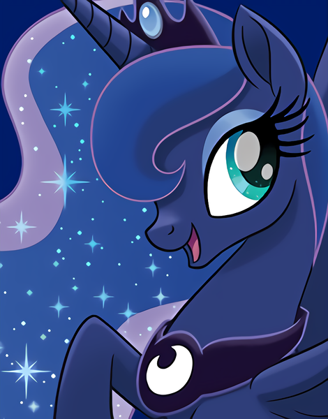 Size: 864x1104 | Tagged: safe, derpibooru import, edit, official, princess luna, alicorn, pony, my little pony: the movie, bust, crown, female, happy, jewelry, looking back, mare, modified accessory, open mouth, portrait, raised hoof, regalia, simple background, solo