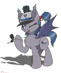Size: 1240x1500 | Tagged: safe, artist:orang111, derpibooru import, oc, unofficial characters only, bat pony, pony, female, hat, key, keychain, mare, scania, simple background, solo, toy, transparent background, truck