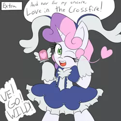 Size: 500x500 | Tagged: safe, artist:jake heritagu, derpibooru import, sweetie belle, pony, comic:ask motherly scootaloo, bravely default, clothes, dress, solo