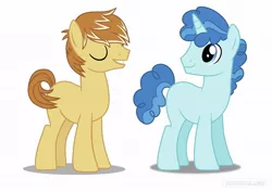 Size: 1110x780 | Tagged: safe, derpibooru import, feather bangs, party favor, pony, hard to say anything, crack shipping, gay, happy, male, missing cutie mark, partyfeather, shipping, simple background, white background