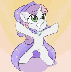 Size: 1120x1137 | Tagged: safe, artist:treekickerdraws, derpibooru import, sweetie belle, pony, unicorn, accessory swap, cape, clothes, cute, diasweetes, female, filly, grin, hat, mare, rearing, smiling, solo, standing, the great and powerful, trixie's cape, trixie's hat