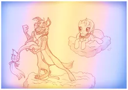 Size: 1073x758 | Tagged: safe, artist:sherwoodwhisper, derpibooru import, oc, oc:eri, unofficial characters only, pony, afterlife, all dogs go to heaven, annabelle, charlie barkin, cloud, don bluth, heaven, traditional art, trio