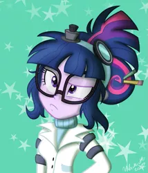 Size: 685x800 | Tagged: safe, artist:wubcakeva, derpibooru import, sci-twi, twilight sparkle, eqg summertime shorts, equestria girls, mad twience, adorkable, alternate hairstyle, clothes, cute, dork, glasses, lab coat, solo, thinking