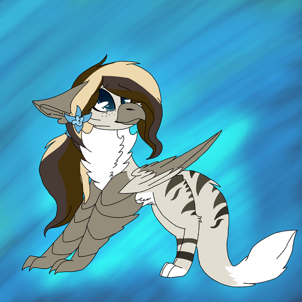Size: 2560x2560 | Tagged: safe, artist:brokensilence, derpibooru import, oc, oc:misty serenity, unofficial characters only, gryphon, cheek fluff, chest fluff, ear fluff, flower, flower in hair, griffonized, leg fluff, long tail, ponytail, solo, species swap, stripes, tiger stripes
