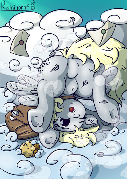 Size: 1280x1811 | Tagged: safe, artist:rainihorn, derpibooru import, derpy hooves, pegasus, pony, cloud, cloudsdale, clumsy, cute, derpabetes, dock, featureless crotch, female, food, letter, mailbag, mailmare, mare, muffin, outdoors, plot, underhoof, upside down