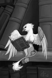 Size: 620x930 | Tagged: safe, artist:amarynceus, deleted from derpibooru, derpibooru import, oc, oc:der, unofficial characters only, gryphon, birb, book, bookcase, bookshelf, grayscale, lidded eyes, male, micro, monochrome, reading, sitting, smiling, solo, spread wings, wings