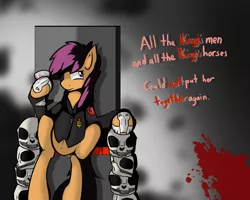 Size: 1000x800 | Tagged: semi-grimdark, artist:conmanwolf, derpibooru import, scootaloo, pegasus, pony, ask factory scootaloo, fanfic:rainbow factory, alcohol, blood, bone, clothes, dead, eyepatch, implied murder, sitting, skull, solo, throne, wine