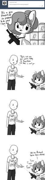 Size: 1650x6600 | Tagged: safe, artist:tjpones, derpibooru import, oc, oc:brownie bun, oc:richard, unofficial characters only, earth pony, human, pony, horse wife, ask, chest fluff, comic, dialogue, ear fluff, food, grayscale, gun, monochrome, nerf gun, peanut butter, pointing, shooting, simple background, tumblr, upset, weapon, white background, zombie apocalypse