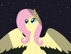 Size: 1600x1200 | Tagged: safe, artist:mpram, derpibooru import, fluttershy, pegasus, pony, female, inspired by a song, looking away, looking up, mare, night, sitting, smiling, solo, spread wings, stars, teary eyes, wings