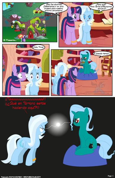 Size: 792x1224 | Tagged: safe, artist:dekomaru, artist:raimundo1941, derpibooru import, trixie, twilight sparkle, oc, pony, comic, female, golden oaks library, lesbian, shipping, spanish, twixie