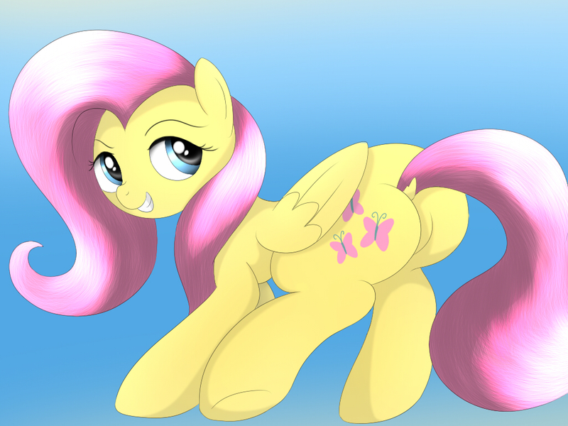 Size: 1024x768 | Tagged: suggestive, artist:fotasy, derpibooru import, fluttershy, pegasus, pony, female, flutterbutt, looking back, mare, plot, simple background, smiling, solo, solo female