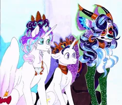 Size: 736x630 | Tagged: safe, artist:frozensoulpony, derpibooru import, princess flurry heart, oc, oc:allegory, oc:prince azimuth, alicorn, draconequus, hybrid, unicorn, dia de los muertos, interspecies offspring, offspring, older, parent:comet tail, parent:discord, parent:princess luna, parent:twilight sparkle, parents:cometlight, parents:lunacord, traditional art