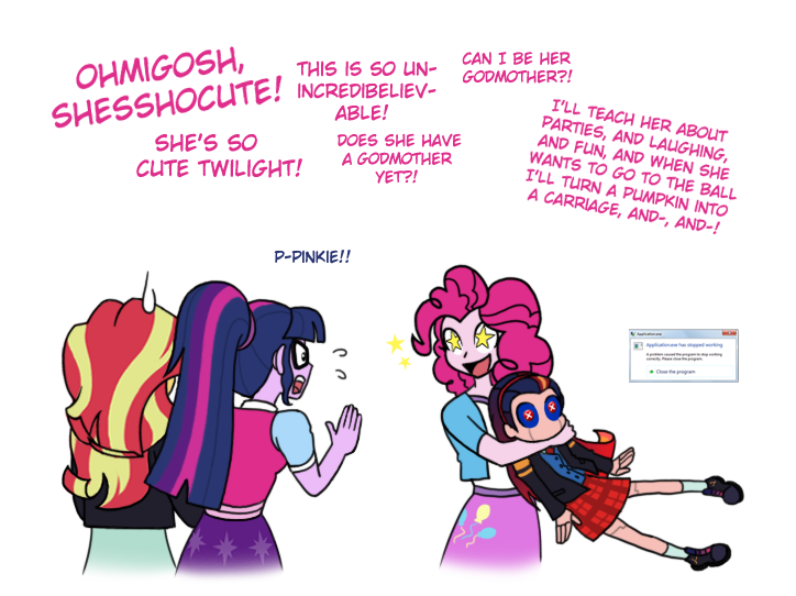 Size: 724x542 | Tagged: safe, artist:crydius, derpibooru import, pinkie pie, sci-twi, sunset shimmer, twilight sparkle, oc, oc:gamma, android, equestria girls, application, blue screen of death, cinderella, clothes, converse, crossover, cute, cutie mark, error, female, hug, lesbian, magical lesbian spawn, meet gamma, mercy, notification, offspring, parent:sci-twi, parent:sunset shimmer, parent:twilight sparkle, parents:scitwishimmer, parents:sunsetsparkle, scientific lesbian spawn, scitwishimmer, shipping, shoes, simple background, skirt, starry eyes, sunsetsparkle, this will end in parties, transparent background, windows, wingding eyes