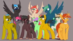 Size: 3840x2160 | Tagged: safe, derpibooru import, oc, oc:emerald, oc:firefly, oc:nimbus, oc:twitchy rudder, unofficial characters only, earth pony, pony, unicorn, commission, cute, female, grin, group, male, mare, simple background, smiling, stallion, sunglasses