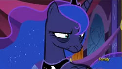 Size: 1366x768 | Tagged: safe, derpibooru import, screencap, princess luna, pony, a royal problem, angry, bags under eyes, discovery family logo, exhausted, faic, glare, grumpy, scowl, solo, tired