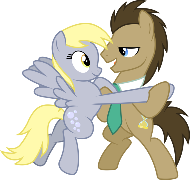 Size: 3178x3001 | Tagged: safe, artist:cloudyglow, derpibooru import, derpy hooves, doctor whooves, time turner, earth pony, pegasus, pony, bipedal, dancing, doctorderpy, female, looking at each other, male, mare, necktie, shipping, simple background, smiling, stallion, straight, transparent background, vector