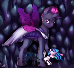 Size: 1024x943 | Tagged: alicorn, artist:magicstarfriends, aside glance, cave, changeling, changeling oc, changeling queen, chrysigan, derpibooru import, dorestia, looking at you, male, oc, oc:king dorigan, plushie, princess celestia, purple changeling, queen chrysalis, safe, sideways glance, solo, spread wings, wings