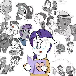 Size: 2500x2500 | Tagged: safe, artist:bennimarru, derpibooru import, idw, buried treasure, deep strata, maud pie, rarity, earth pony, pony, unicorn, spoiler:comic, spoiler:comicff29, atg 2017, comic, female, flat colors, floppy ears, grayscale, mare, monochrome, newbie artist training grounds, partial color, raised hoof, raised leg