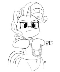 Size: 5042x6074 | Tagged: safe, artist:pabbley, derpibooru import, rarity, pony, 30 minute art challenge, absurd resolution, belly button, bipedal, clothes, gold chains, monochrome, rapper, run the jewels, solo