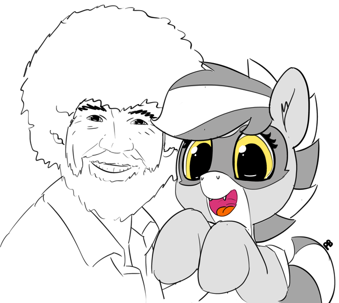 Size: 2934x2618 | Tagged: 30 minute art challenge, artist:pabbley, bob ross, cute, derpibooru import, human, oc, oc:bandy cyoot, open mouth, partial color, raccoon pony, safe, simple background, smiling, unofficial characters only, white background