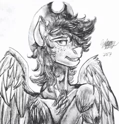 Size: 2408x2523 | Tagged: safe, artist:brainiac, derpibooru import, oc, oc:calamity, unofficial characters only, pegasus, pony, fallout equestria, chest fluff, clothes, desperado hat, evil grin, freckles, grayscale, grin, hair over one eye, male, monochrome, shoulder fluff, smiling, solo, stallion, traditional art, unshorn fetlocks, wing fluff