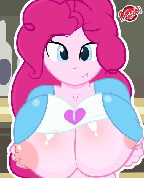 Size: 1280x1580 | Tagged: questionable, artist:ribiruby, derpibooru import, pinkie pie, equestria girls, areola, areola slip, big areola, big breasts, breasts, busty pinkie pie, female, flashing, huge breasts, nipples, nudity, solo, solo female, wardrobe malfunction