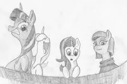 Size: 1155x765 | Tagged: safe, artist:t72b, derpibooru import, maud pie, starlight glimmer, trixie, twilight sparkle, pony, facehoof, laughing, monochrome, smiling, traditional art, varying degrees of want