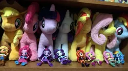 Size: 3047x1689 | Tagged: safe, derpibooru import, applejack, fluttershy, pinkie pie, rainbow dash, rarity, sunset shimmer, twilight sparkle, equestria girls, irl, merchandise, photo, plushie