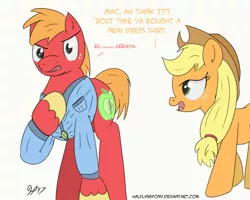 Size: 1280x1024 | Tagged: safe, artist:halflingpony, derpibooru import, applejack, big macintosh, pony, atg 2017, clothes, newbie artist training grounds, shirt, tight clothing