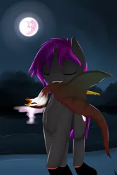 Size: 2000x3000 | Tagged: safe, artist:chapaevv, derpibooru import, oc, oc:midnight moon, unofficial characters only, cockatrice, pony, unicorn, vampony, blood, broken horn, mare in the moon, moon, river, water