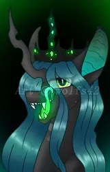 Size: 650x1012 | Tagged: source needed, safe, artist:wolfs42, derpibooru import, queen chrysalis, changeling, changeling queen, female, glow, long tongue, queen, tongue out, watermark