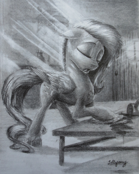 Size: 800x1000 | Tagged: safe, artist:lollipony, derpibooru import, fluttershy, pegasus, pony, coffee, coffee mug, eyes closed, female, grayscale, mare, monochrome, mug, solo, traditional art