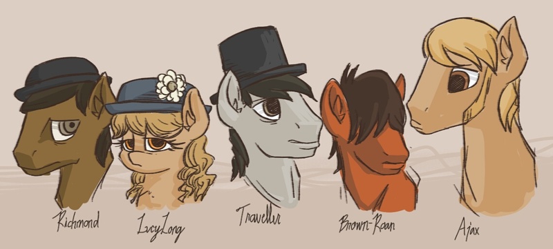 Size: 1138x514 | Tagged: safe, artist:plunger, derpibooru import, oc, ponified, unofficial characters only, pony, ajax, brown-roan, history, lucy long, richmond, robert e. lee, traveller, warpone