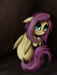 Size: 1000x1300 | Tagged: safe, artist:zetamad, derpibooru import, fluttershy, pegasus, pony, blood, crying, female, floppy ears, folded wings, injured, lip bite, looking at you, looking back, mare, raised hoof, rear view, sad, sitting, solo, teary eyes