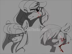 Size: 1600x1200 | Tagged: safe, artist:yashathebasher, derpibooru import, oc, oc:olivia, oc:veliar violence, oc:yashathebasher, unofficial characters only, pony, blood, crying, monochrome, sad