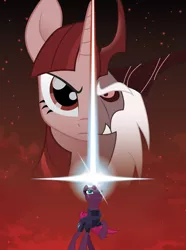 Size: 6108x8192 | Tagged: safe, artist:amarthgul, derpibooru import, storm king, tempest shadow, twilight sparkle, pony, unicorn, my little pony: the movie, absurd resolution, broken horn, eye scar, female, glowing horn, horn, looking up, magic, male, mare, movie poster, parody, raised hoof, scar, split screen, star wars, star wars: the last jedi, vector