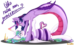 Size: 2748x1694 | Tagged: suggestive, artist:mailner, derpibooru import, princess celestia, twilight sparkle, twilight sparkle (alicorn), alicorn, lamia, original species, pony, snake, snake pony, blushing, coils, crown, cute, dialogue, duet, eye contact, female, femsub, heart, heart eyes, horns are touching, jewelry, lamiafied, lesbian, looking at each other, mare, regalia, shipping, simple background, slit eyes, smiling, snake eyes, snake tail, species swap, sublestia, submissive, tail, transformation, transparent background, twidom, twilamia, twilestia, twilight snakle, wingding eyes, wrapped up