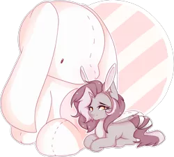 Size: 2249x2025 | Tagged: safe, artist:plnetfawn, derpibooru import, oc, unofficial characters only, bat pony, pony, abstract background, bunny ears, looking at you, plushie, sitting, slit eyes, smiling, solo