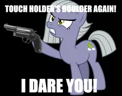 Size: 1725x1353 | Tagged: safe, artist:chrzanek97, derpibooru import, edit, editor:slb94, limestone pie, earth pony, pony, angry, black background, cutie mark, female, gritted teeth, gun, handgun, hooves, image macro, mare, meme, revolver, simple background, solo, taurus judge, teeth, text, this will end in tears and/or death, threat, weapon